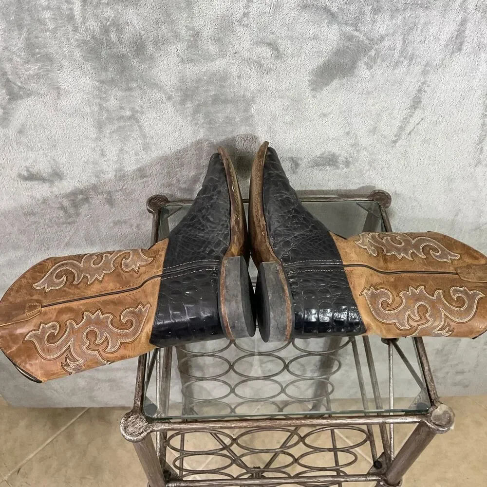 Old West Leather Cowboy Boots Mens 7D Broad Square Toe Horned Back Gator Print